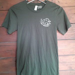 Modrn witch brand forest green t shirt with leaf "plant parenthood"